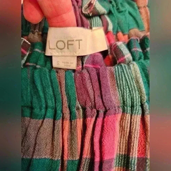 Ann Taylor LOFT Plaid Tie Off The Shoulder Top Size Small in Cool Pine - Picture 4 of 7